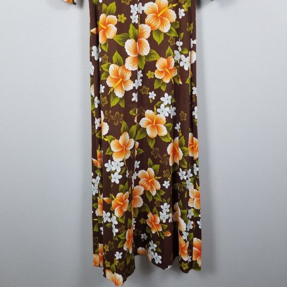 Ui-Maikai Hawaiian VTG 70s Empire  Hibiscus Print Maxi Brown Dress Size Small - Picture 11 of 13
